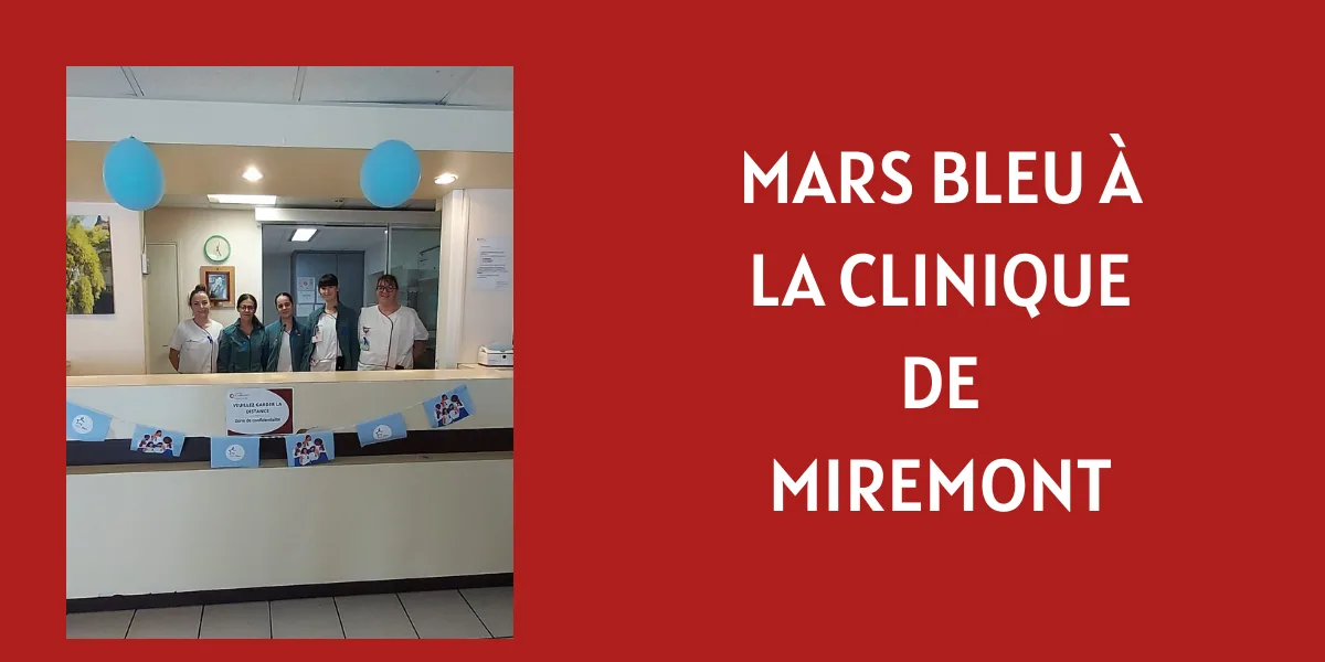 Visuel sur fond rouge, cinq personnes devant un accueil avec des ballons bleus, titre « Mars bleu » à droite